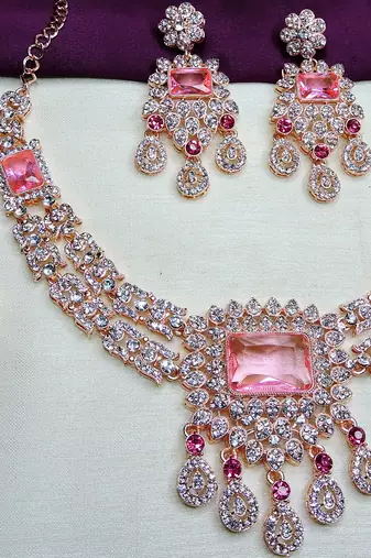 Pink rose gold premium designer american diamond and stone work necklace set
