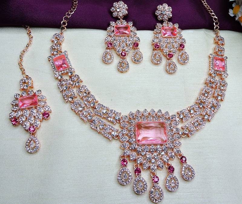 Pink rose gold premium designer american diamond and stone work necklace set