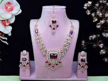 Purple rose gold premium designer american diamond and stone work necklace set 1