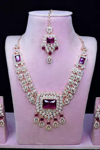 Purple rose gold premium designer american diamond and stone work necklace set
