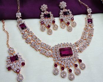 Purple rose gold premium designer american diamond and stone work necklace set 2