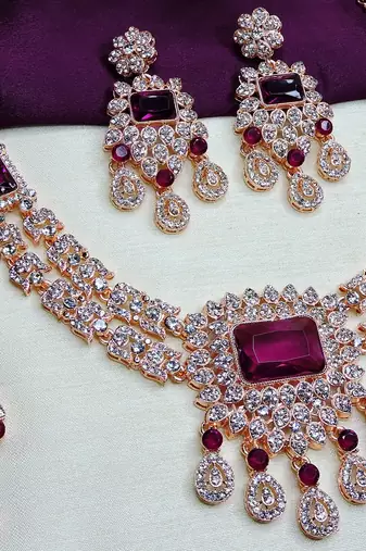 Purple rose gold premium designer american diamond and stone work necklace set