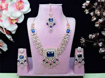 Blue rose gold premium designer american diamond and stone work necklace set 1