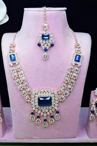 Blue rose gold premium designer american diamond and stone work necklace set