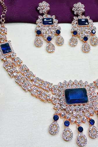 Blue rose gold premium designer american diamond and stone work necklace set