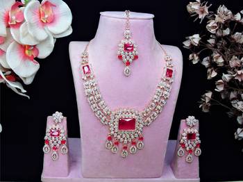 Pink rose gold premium designer american diamond and stone work necklace set 1