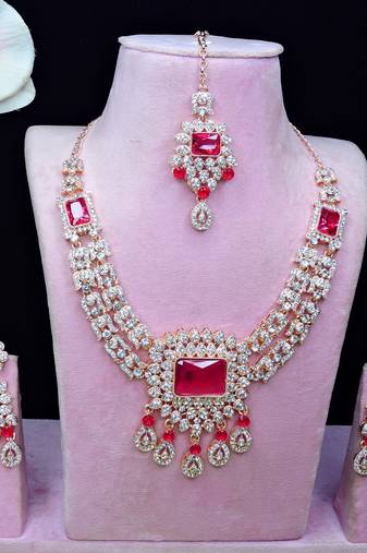 Pink rose gold premium designer american diamond and stone work necklace set