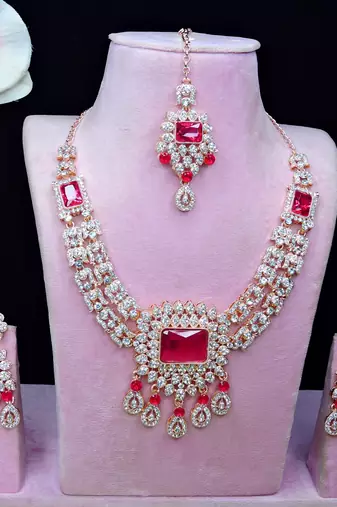 Pink rose gold premium designer american diamond and stone work necklace set