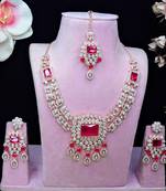 Pink rose gold premium designer american diamond and stone work necklace set