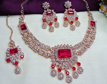 Pink rose gold premium designer american diamond and stone work necklace set 2