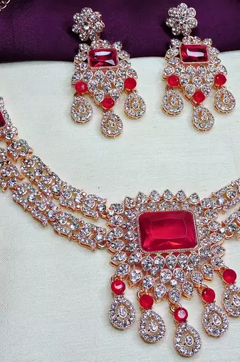Pink rose gold premium designer american diamond and stone work necklace set