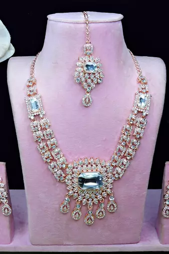 White rose gold premium designer american diamond and stone work necklace set