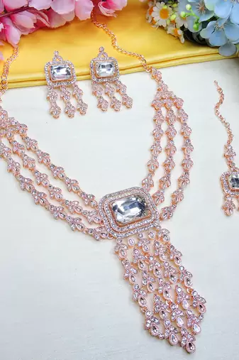 White rose gold premium designer american diamond and stone work necklace set