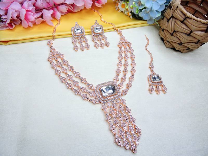 White rose gold premium designer american diamond and stone work necklace set