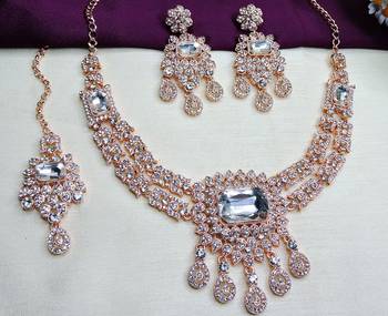 White rose gold premium designer american diamond and stone work necklace set 3