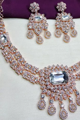 White rose gold premium designer american diamond and stone work necklace set