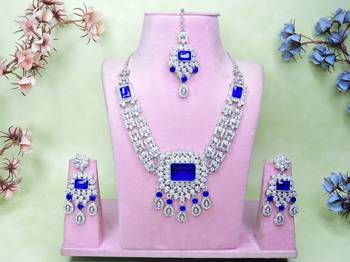 Blue rhodium premium designer american diamond and stone work necklace set 1