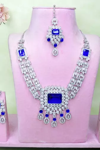 Blue rhodium premium designer american diamond and stone work necklace set