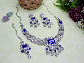Blue rhodium premium designer american diamond and stone work necklace set 2