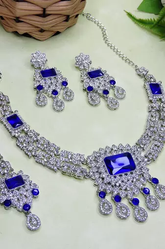 Blue rhodium premium designer american diamond and stone work necklace set