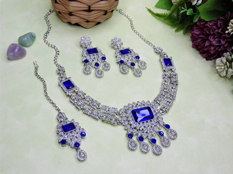 Blue rhodium premium designer american diamond and stone work necklace set