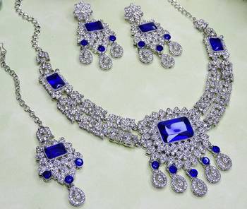 Blue rhodium premium designer american diamond and stone work necklace set 3
