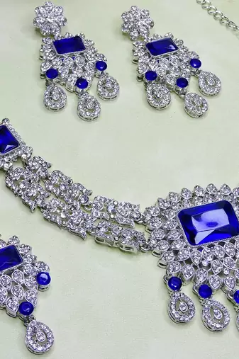 Blue rhodium premium designer american diamond and stone work necklace set