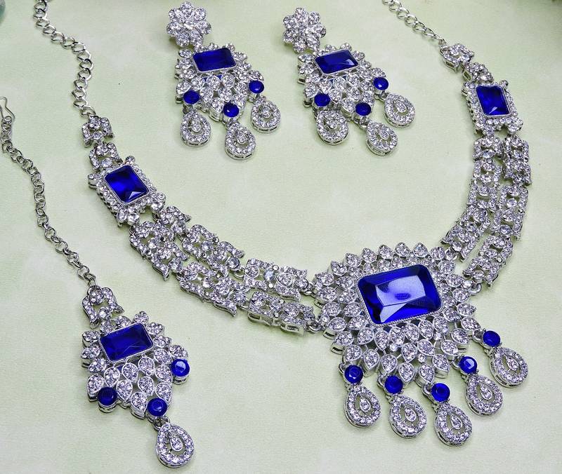 Blue rhodium premium designer american diamond and stone work necklace set