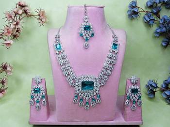 Green rhodium premium designer american diamond and stone work necklace set 1