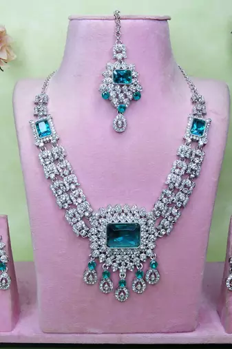 Green rhodium premium designer american diamond and stone work necklace set
