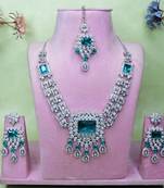 Green rhodium premium designer american diamond and stone work necklace set