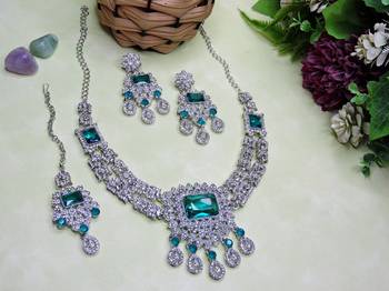 Green rhodium premium designer american diamond and stone work necklace set 2