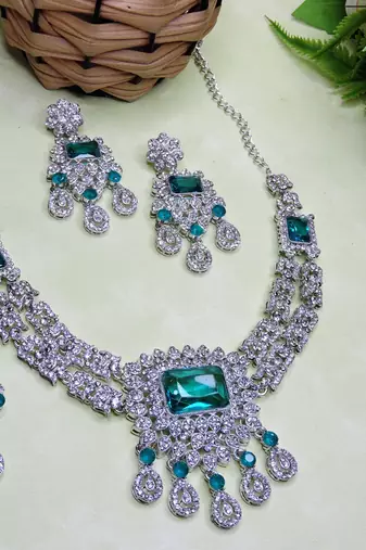 Green rhodium premium designer american diamond and stone work necklace set