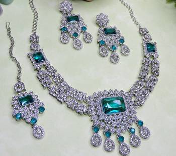 Green rhodium premium designer american diamond and stone work necklace set 3