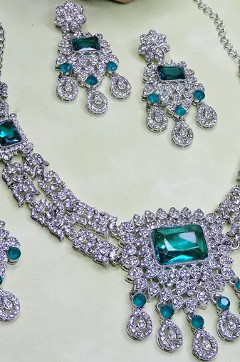 Green rhodium premium designer american diamond and stone work necklace set