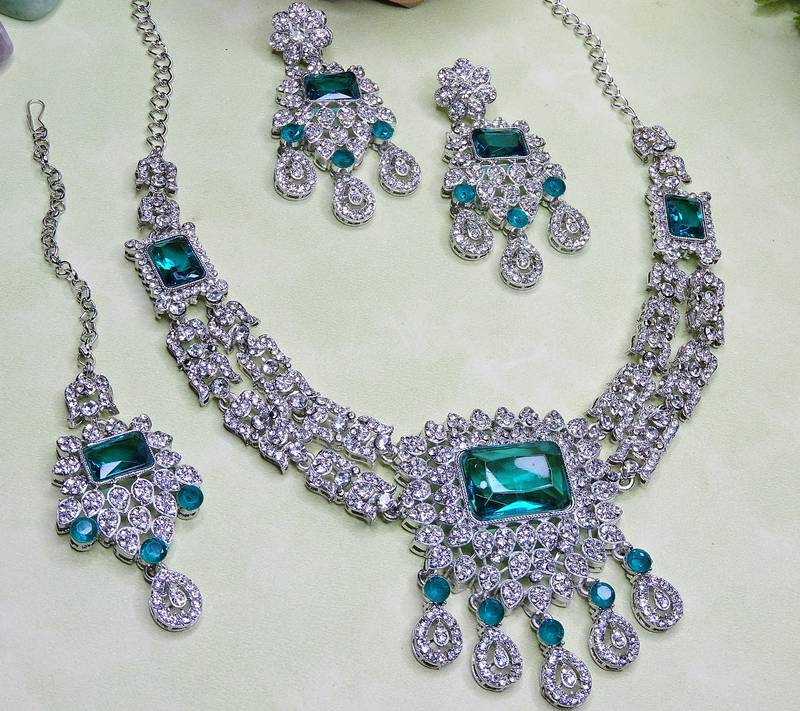 Green rhodium premium designer american diamond and stone work necklace set