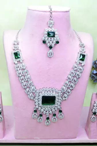 Green rhodium premium designer american diamond and stone work necklace set