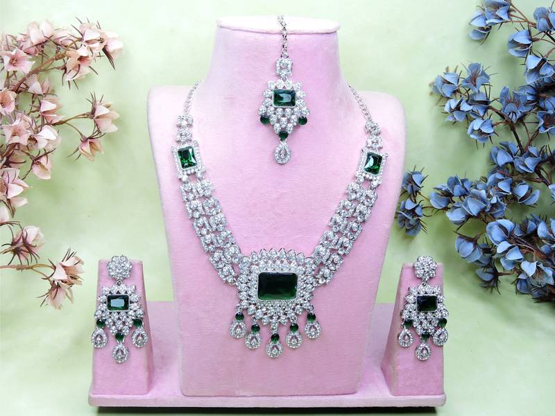 Green rhodium premium designer american diamond and stone work necklace set