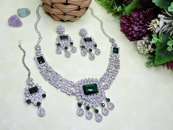 Green rhodium premium designer american diamond and stone work necklace set 2