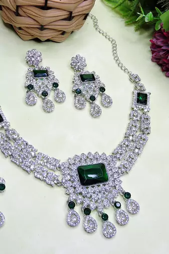 Green rhodium premium designer american diamond and stone work necklace set