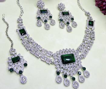 Green rhodium premium designer american diamond and stone work necklace set 3