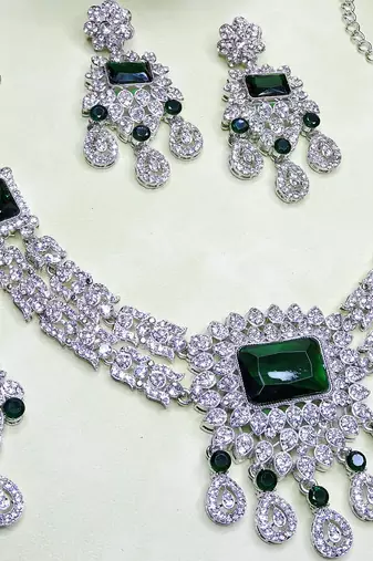 Green rhodium premium designer american diamond and stone work necklace set