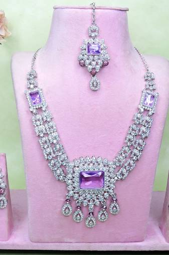 Purple rhodium premium designer american diamond and stone work necklace set