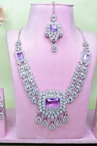Purple rhodium premium designer american diamond and stone work necklace set