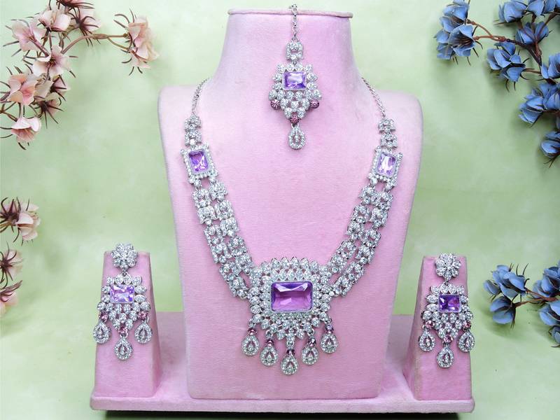 Purple rhodium premium designer american diamond and stone work necklace set