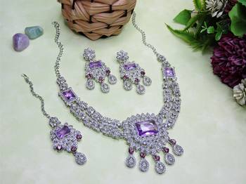 Purple rhodium premium designer american diamond and stone work necklace set 2