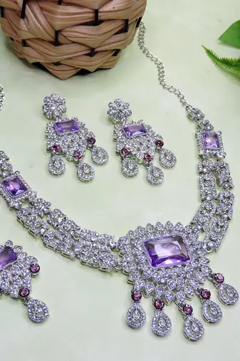 Purple rhodium premium designer american diamond and stone work necklace set