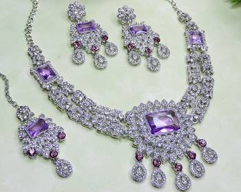 Purple rhodium premium designer american diamond and stone work necklace set 3