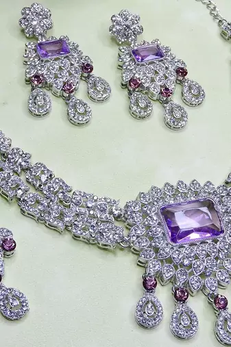Purple rhodium premium designer american diamond and stone work necklace set