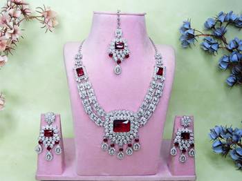 Maroon rhodium premium designer american diamond and stone work necklace set 1